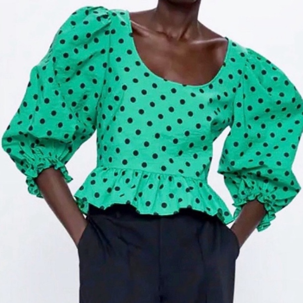 Zara Green Puff Sleeve Scoop Neck Blouse Polka Dot NWT